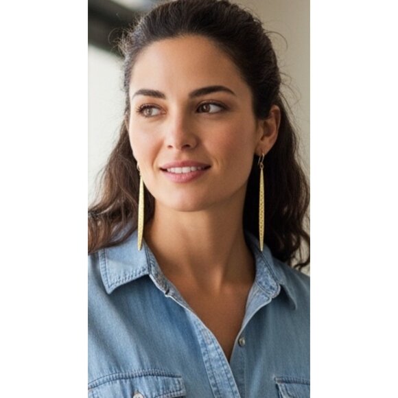 Hammered 14K Gold Filled Linear Dangle Earrings Modernist Long Drop Minimalist - Picture 1 of 5